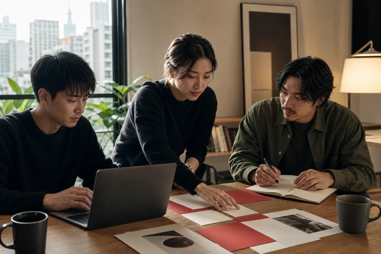 A product team reviewing launch materials together in a Taipei studio