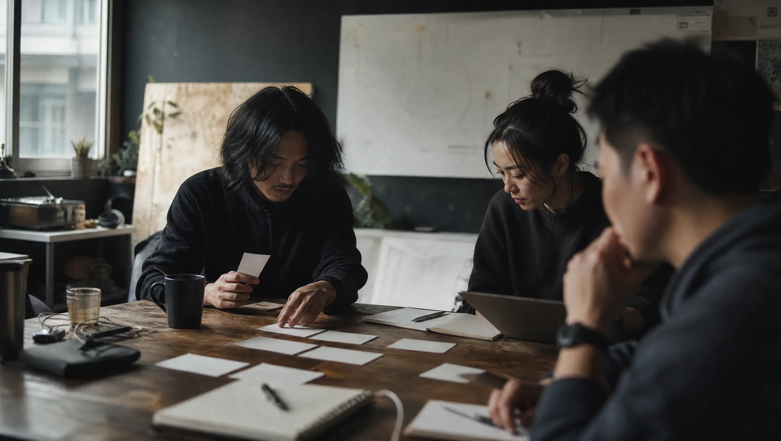 Three consultants arranging positioning cards during a workshop