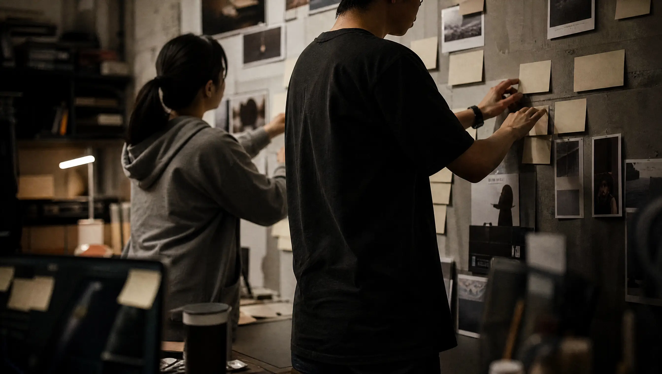 Two colleagues arranging campaign notes and image references