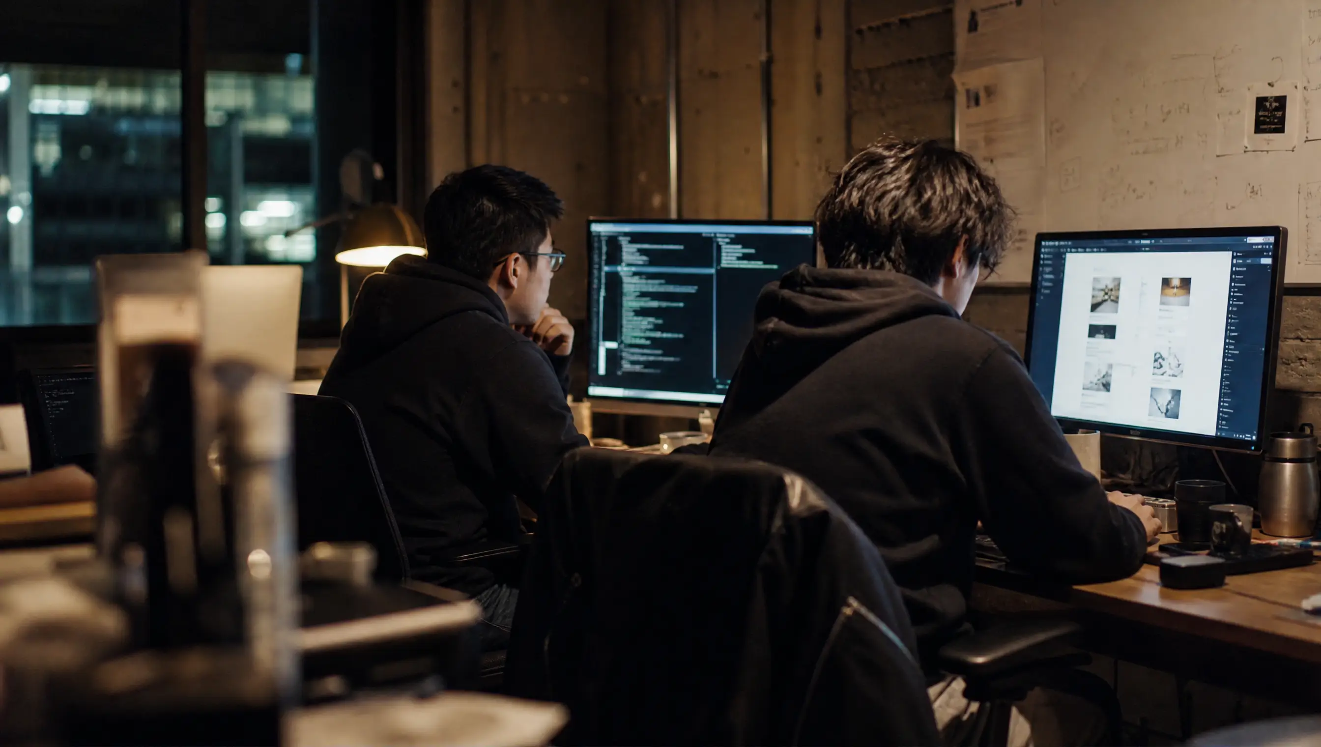 Two engineers working across code and content screens at night